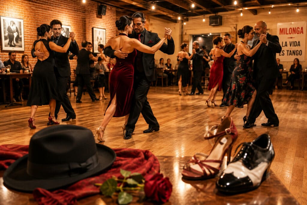 Plusieurs couples dansent le tango argentin lors d’une soirée milonga à Strasbourg